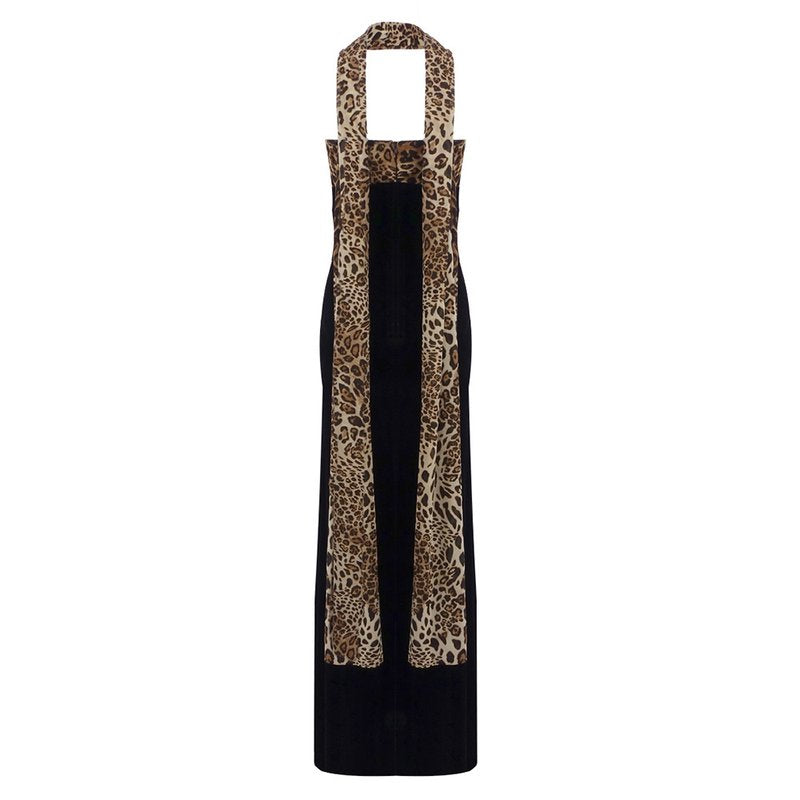 Leopard Trim Black Velvet Gown H6784