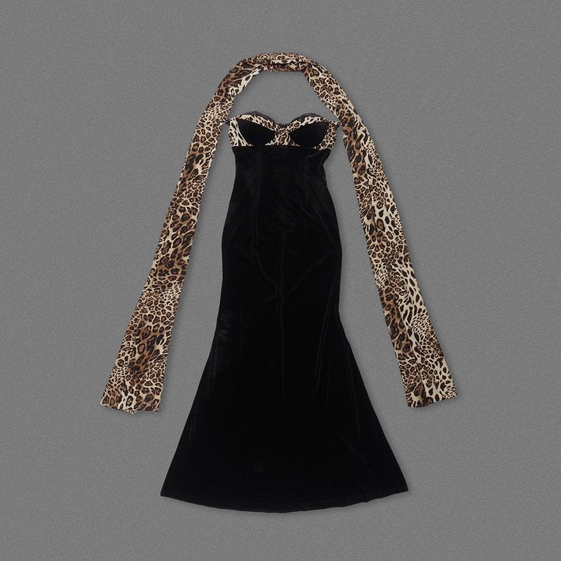 Leopard Trim Black Velvet Gown H6784