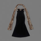 Leopard Trim Black Velvet Gown H6784