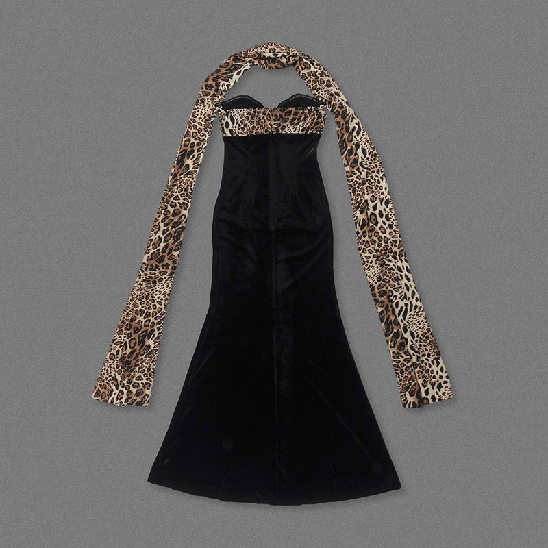 Leopard Trim Black Velvet Gown H6784