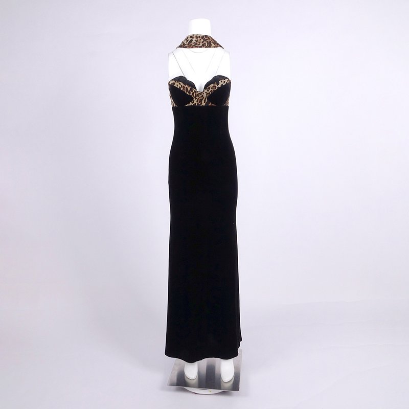 Leopard Trim Black Velvet Gown H6784