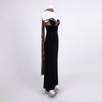 Leopard Trim Black Velvet Gown H6784