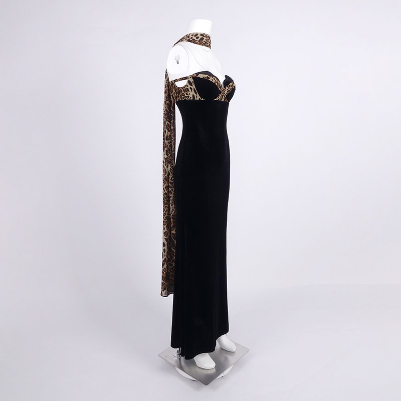 Leopard Trim Black Velvet Gown H6784