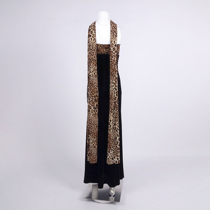 Leopard Trim Black Velvet Gown H6784