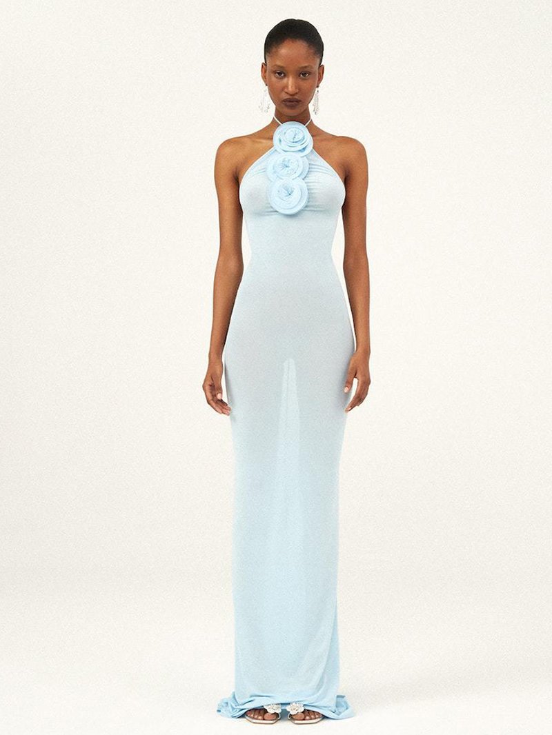 Light Blue Floral Halter Maxi Dress H6317