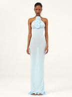 Light Blue Floral Halter Maxi Dress H6317