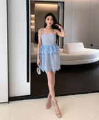 Light Blue Lace Tiered Mini Dress H6296