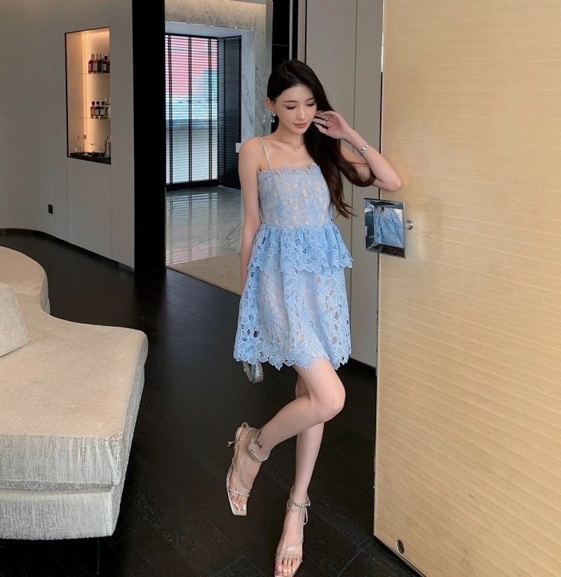 Light Blue Lace Tiered Mini Dress H6296