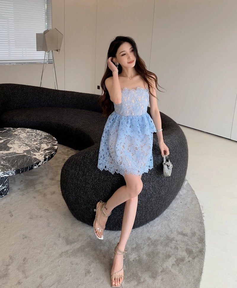 Light Blue Lace Tiered Mini Dress H6296