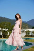 Light Blue Tiered Tulle Maxi Dress H6436