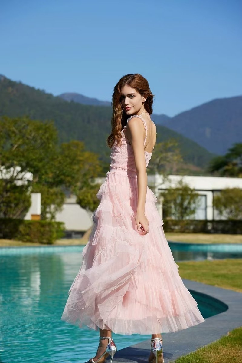 Light Blue Tiered Tulle Maxi Dress H6436