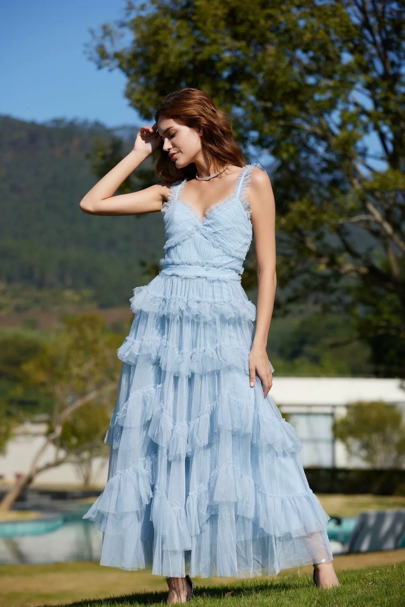 Light Blue Tiered Tulle Maxi Dress H6436