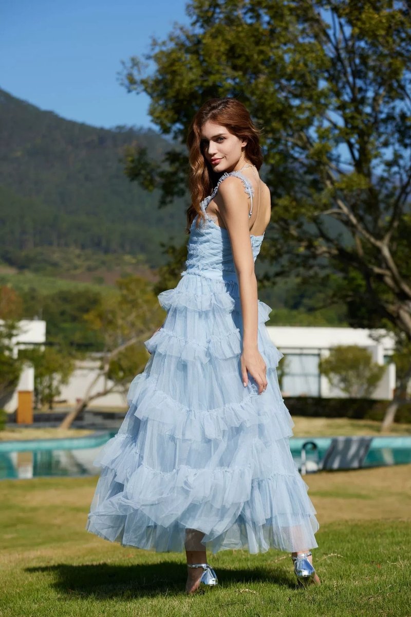 Light Blue Tiered Tulle Maxi Dress H6436