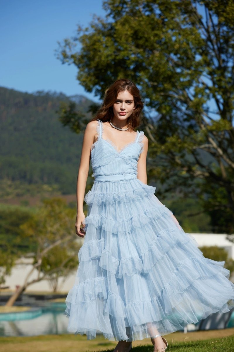 Light Blue Tiered Tulle Maxi Dress H6436
