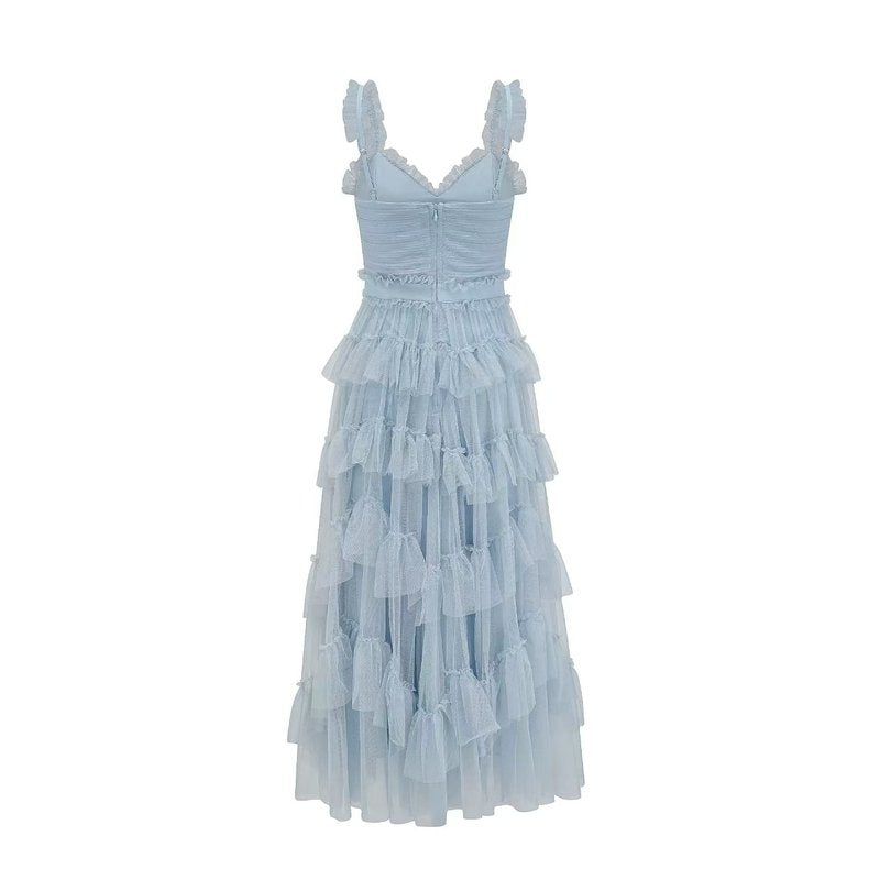 Light Blue Tiered Tulle Maxi Dress H6436