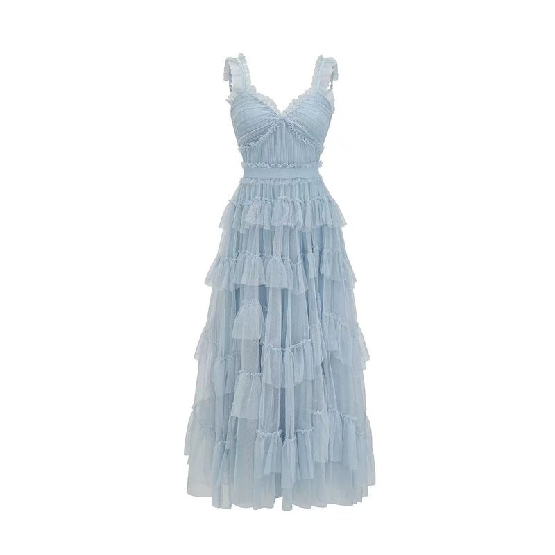 Light Blue Tiered Tulle Maxi Dress H6436
