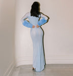 Light Blue Turtleneck Sheath Dress with Faux Fur Cuffs H6427