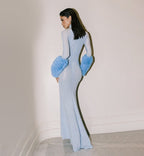 Light Blue Turtleneck Sheath Dress with Faux Fur Cuffs H6427