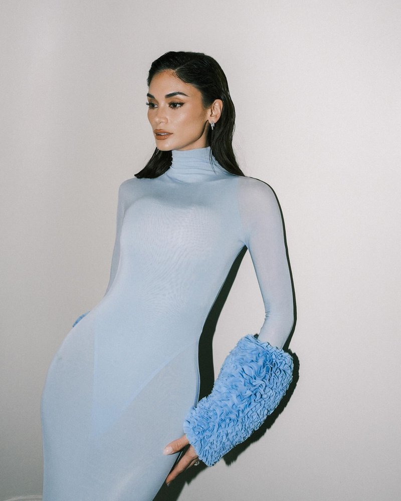 Light Blue Turtleneck Sheath Dress with Faux Fur Cuffs H6427