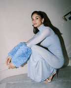 Light Blue Turtleneck Sheath Dress with Faux Fur Cuffs H6427