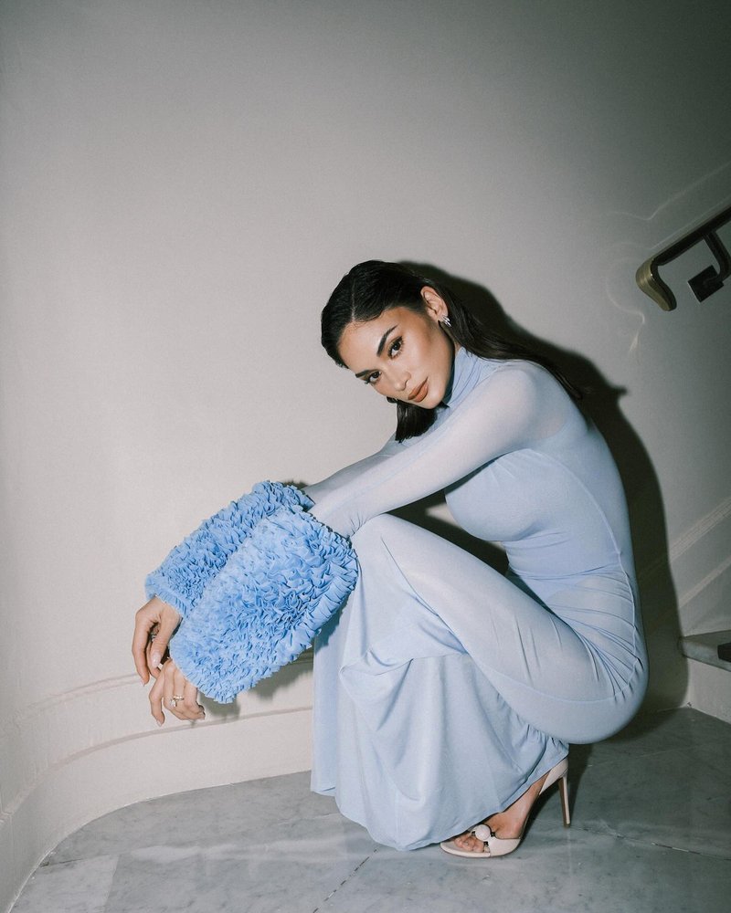 Light Blue Turtleneck Sheath Dress with Faux Fur Cuffs H6427