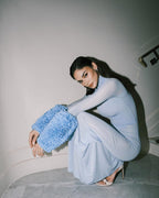 Light Blue Turtleneck Sheath Dress with Faux Fur Cuffs H6427