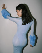 Light Blue Turtleneck Sheath Dress with Faux Fur Cuffs H6427