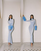 Light Blue Turtleneck Sheath Dress with Faux Fur Cuffs H6427