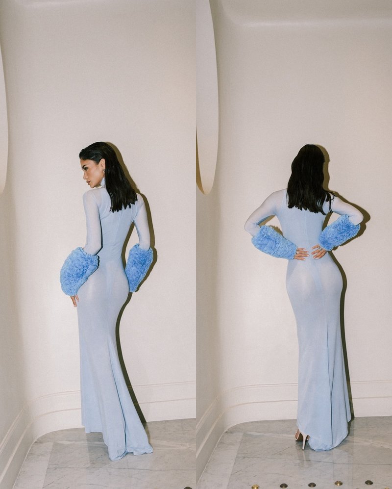 Light Blue Turtleneck Sheath Dress with Faux Fur Cuffs H6427