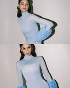 Light Blue Turtleneck Sheath Dress with Faux Fur Cuffs H6427