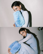 Light Blue Turtleneck Sheath Dress with Faux Fur Cuffs H6427