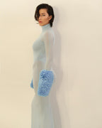 Light Blue Turtleneck Sheath Dress with Faux Fur Cuffs H6427