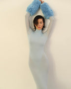Light Blue Turtleneck Sheath Dress with Faux Fur Cuffs H6427