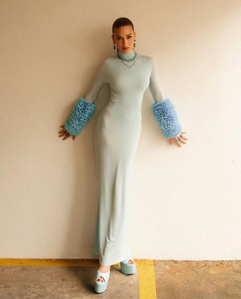 Light Blue Turtleneck Sheath Dress with Faux Fur Cuffs H6427