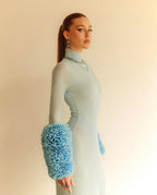 Light Blue Turtleneck Sheath Dress with Faux Fur Cuffs H6427