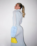 Light Blue Turtleneck Sheath Dress with Faux Fur Cuffs H6427
