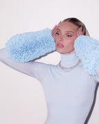 Light Blue Turtleneck Sheath Dress with Faux Fur Cuffs H6427