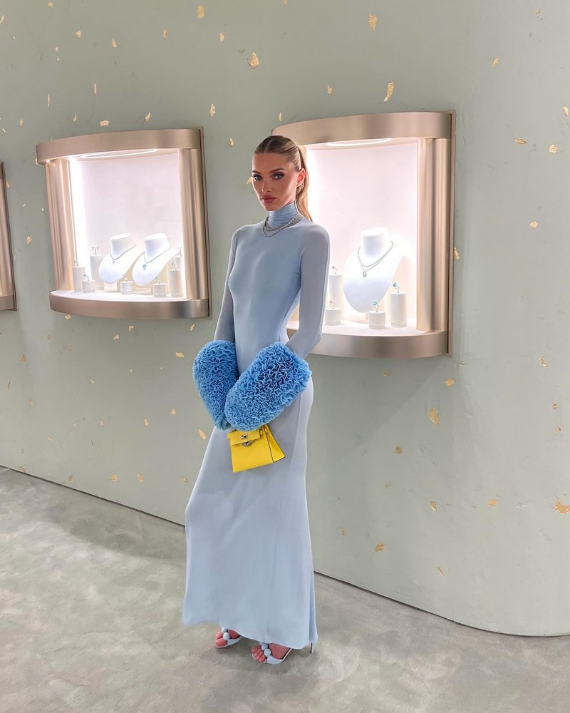 Light Blue Turtleneck Sheath Dress with Faux Fur Cuffs H6427