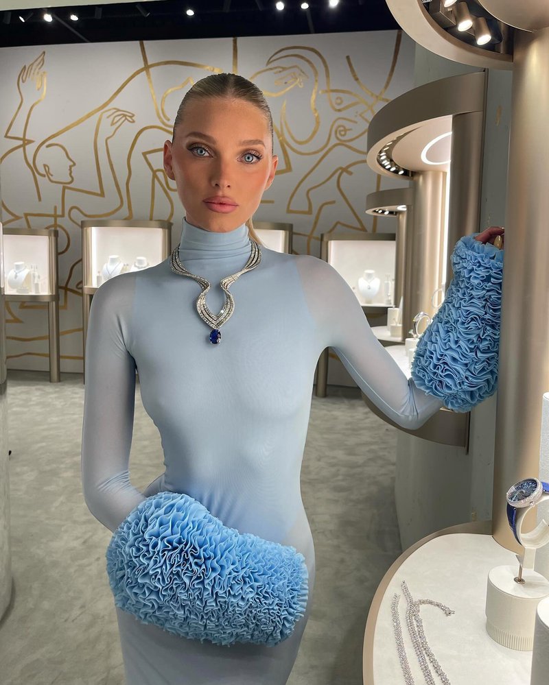 Light Blue Turtleneck Sheath Dress with Faux Fur Cuffs H6427