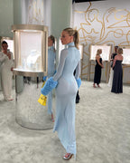 Light Blue Turtleneck Sheath Dress with Faux Fur Cuffs H6427