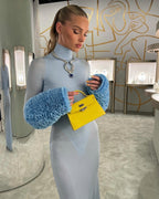 Light Blue Turtleneck Sheath Dress with Faux Fur Cuffs H6427