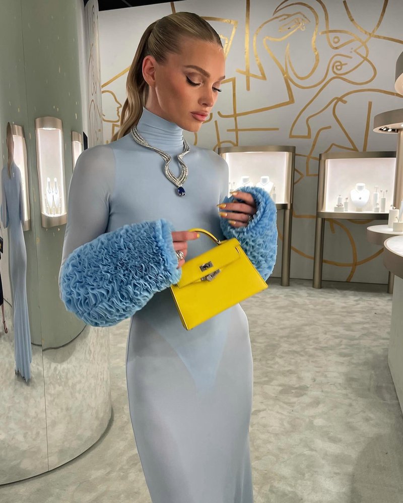 Light Blue Turtleneck Sheath Dress with Faux Fur Cuffs H6427
