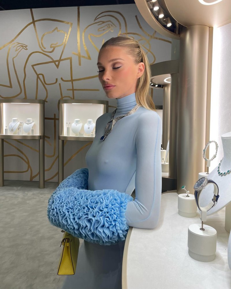 Light Blue Turtleneck Sheath Dress with Faux Fur Cuffs H6427