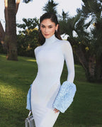 Light Blue Turtleneck Sheath Dress with Faux Fur Cuffs H6427