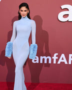 Light Blue Turtleneck Sheath Dress with Faux Fur Cuffs H6427