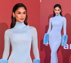 Light Blue Turtleneck Sheath Dress with Faux Fur Cuffs H6427