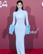 Light Blue Turtleneck Sheath Dress with Faux Fur Cuffs H6427