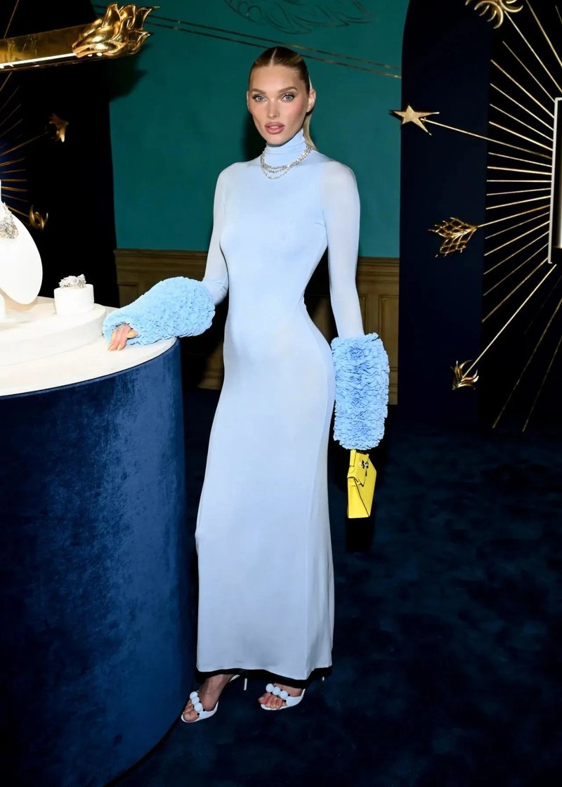 Light Blue Turtleneck Sheath Dress with Faux Fur Cuffs H6427