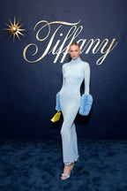 Light Blue Turtleneck Sheath Dress with Faux Fur Cuffs H6427