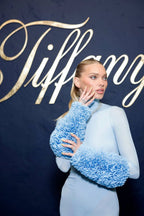 Light Blue Turtleneck Sheath Dress with Faux Fur Cuffs H6427